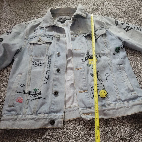 BROOKLYN CLOTH SIZE S BLUE DENIM JEAN JACKET GRAFFITI NEW YORK ALIEN ROSE - Picture 14 of 16